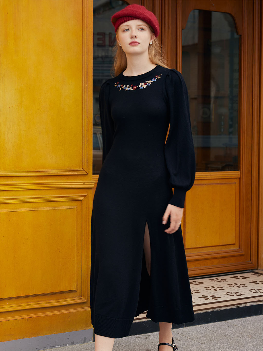 Lily Floral Embroidery Back hollow Split Sweater Dress