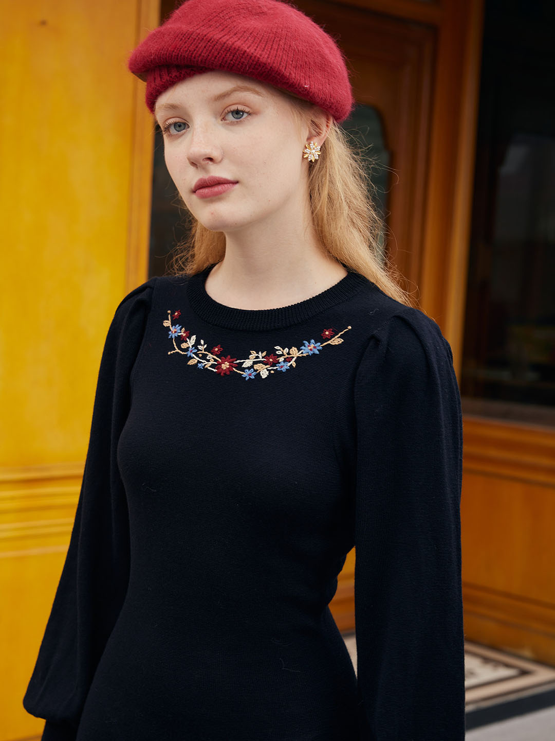 Lily Floral Embroidery Back hollow Split Sweater Dress