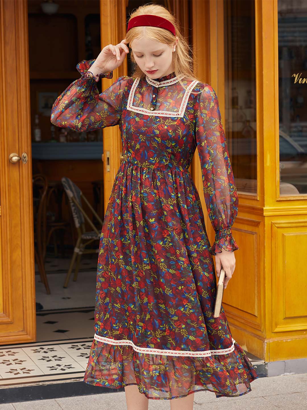 Final Sale】Isabel Floral Print Guipure Lace Insert Flounce Sleeve Ruf