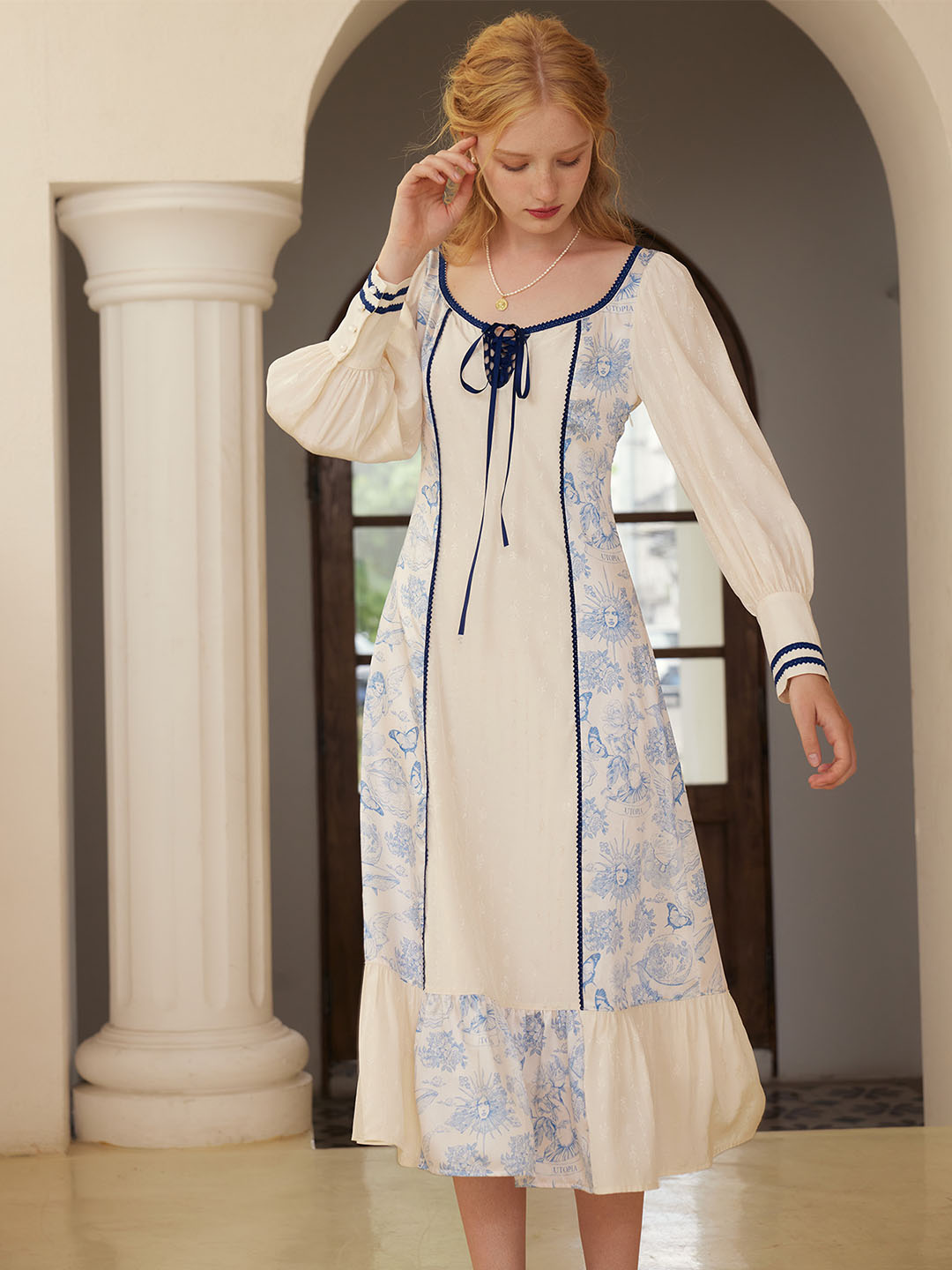 Casual Printed V Neck Lantern Sleeve Belt Dress