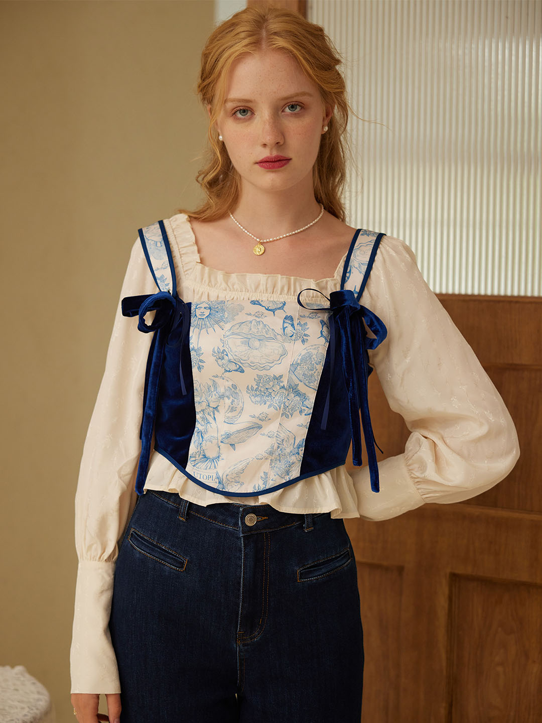 【Flash Sale】Chloe Square-Neck Velvet Contrast Print Tank Top