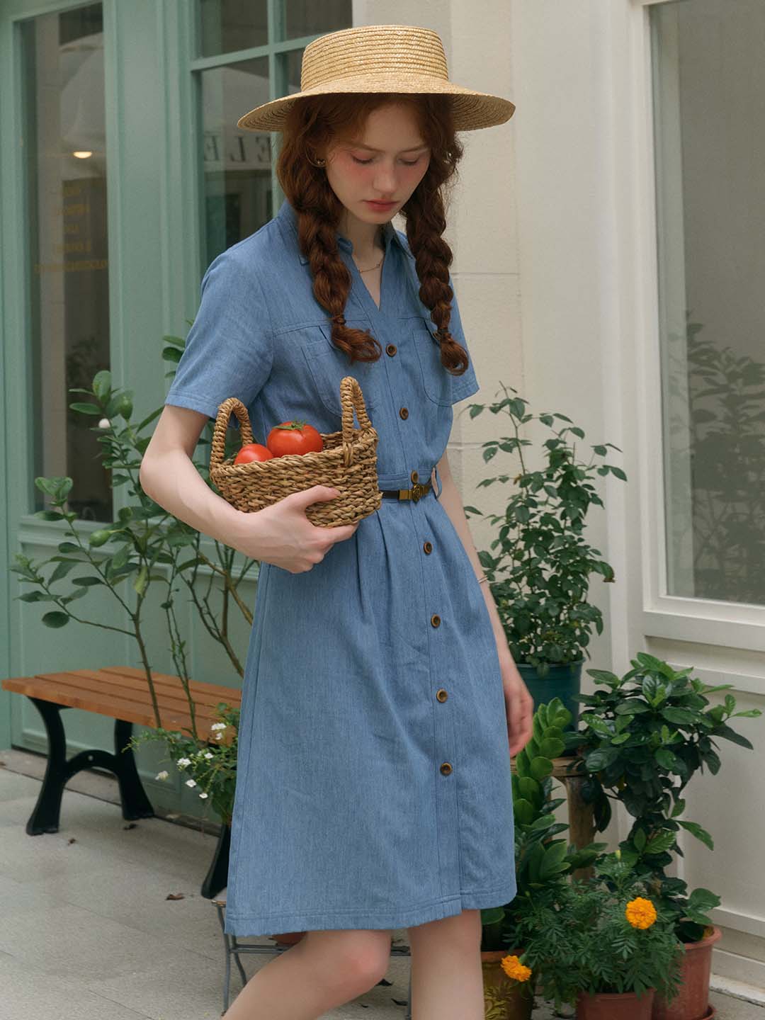 Emely Lapel V-neck Symmetrical Pocket A-line Cotton Dress (No Belt), Denim Blue / L Emely Lapel V-neck Symmetrical Pocket A-line Cotton Dress (No Belt), Denim Blue / L