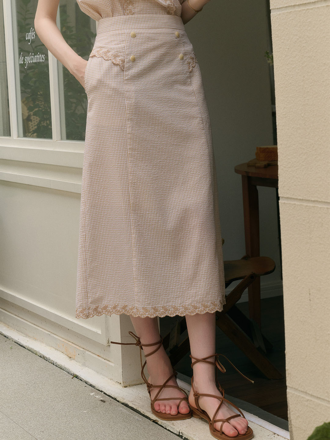 Briana Double Breasted Buttons Wavy Embroidered Checked Cotton Skirt