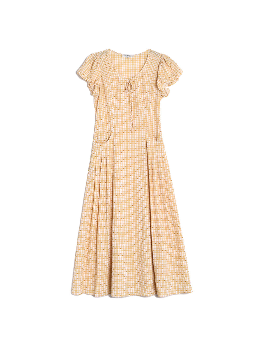 Willow Round Neck Plaid Puff Sleeve Viscose Dress - Yellow