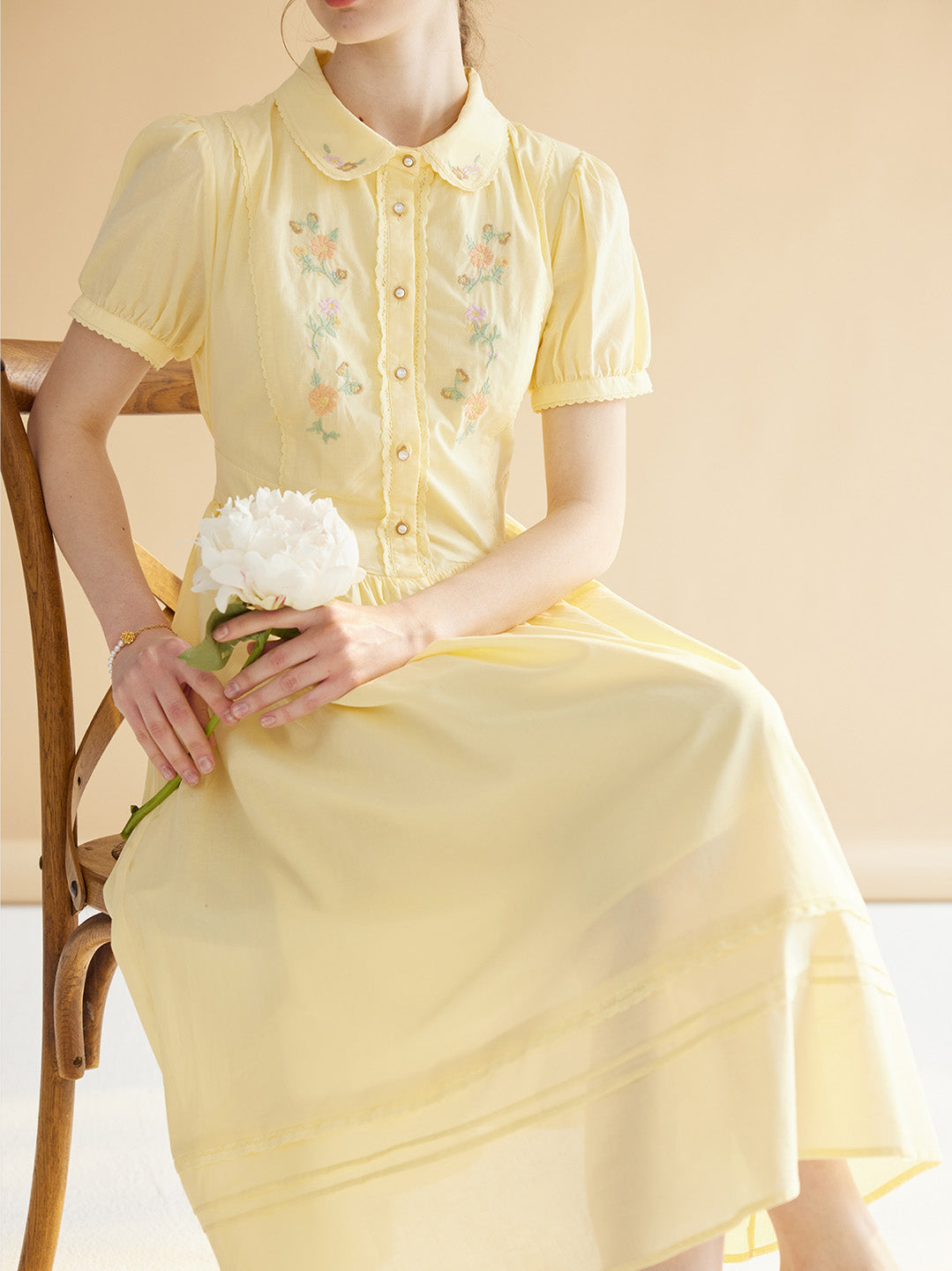 【Final Sale】Maryam Floral Embroidery Puff Sleeve Button Front Shirt Dress