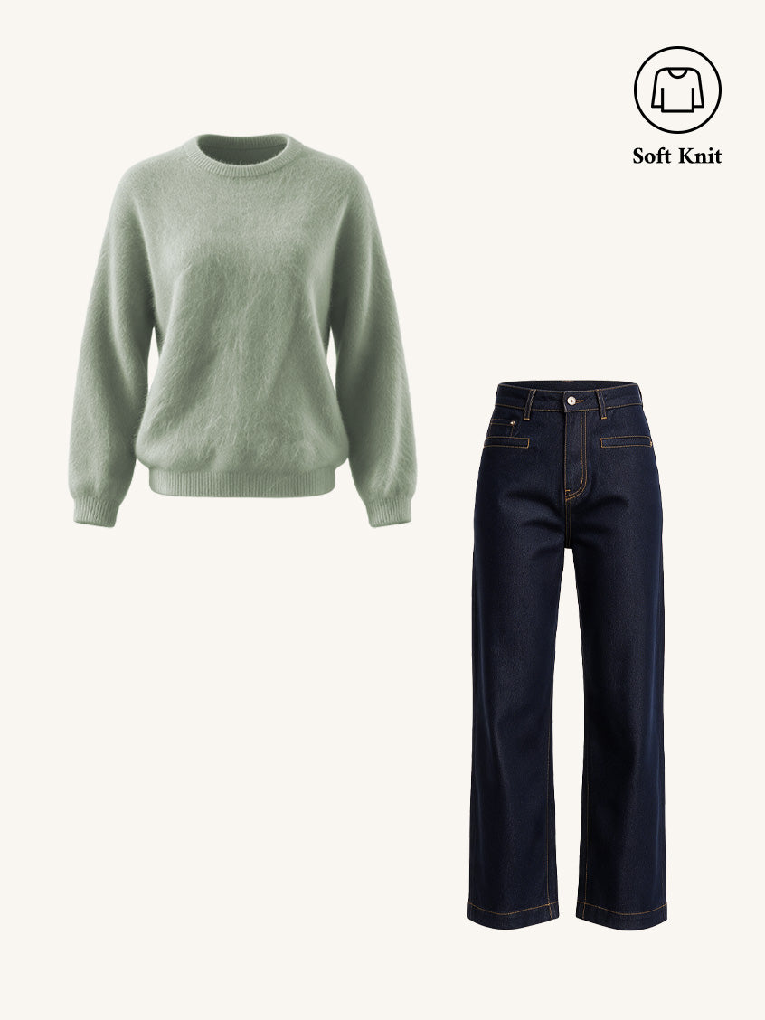 2PCS Set Tru Cloud-Soft Wool Round Neck Sweater Pale Green & Luisa Versatile Cotton Jeans