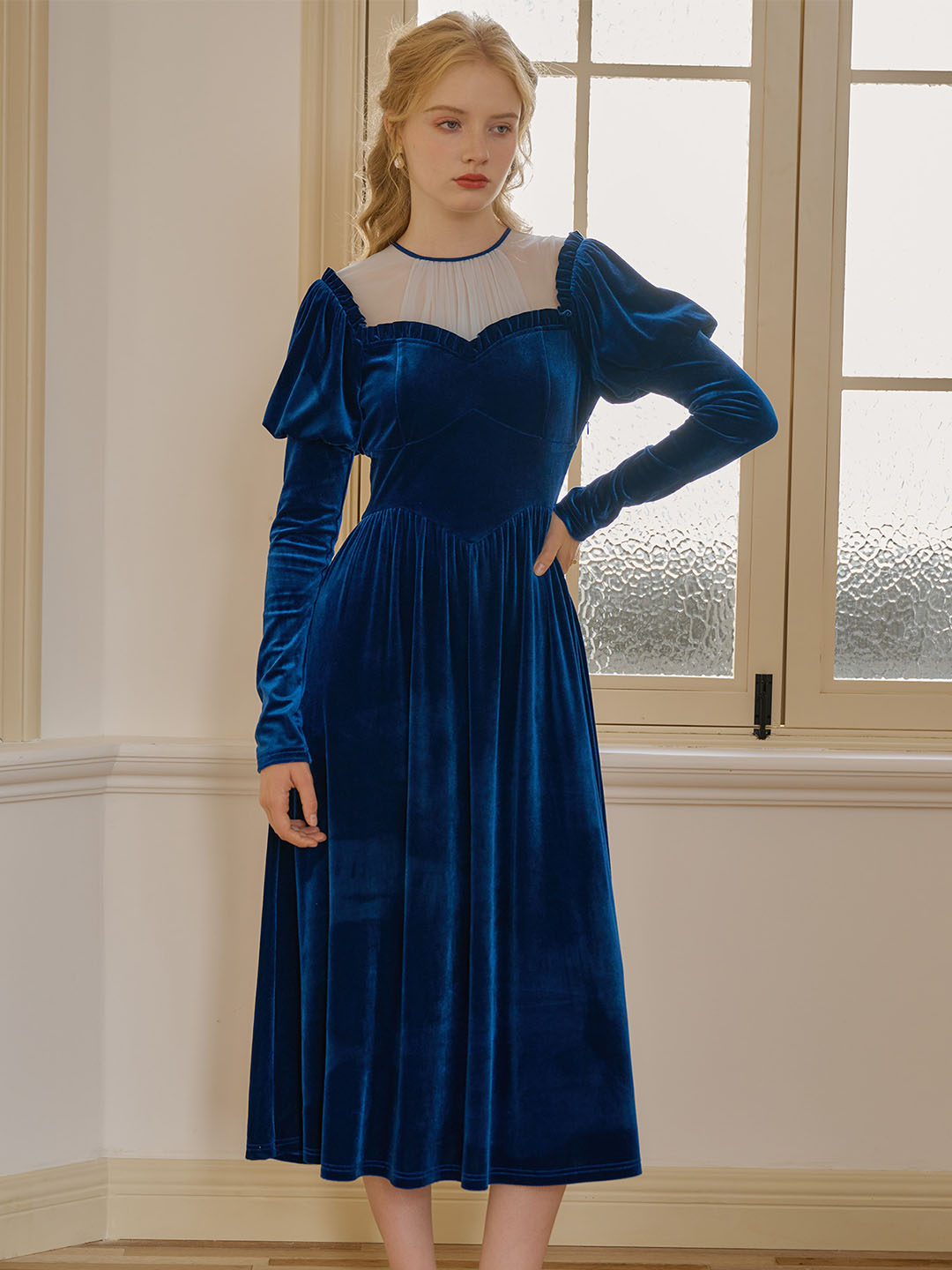 【Final Sale】Josie Contrast Mesh Gigot Sleeve Velvet Dress