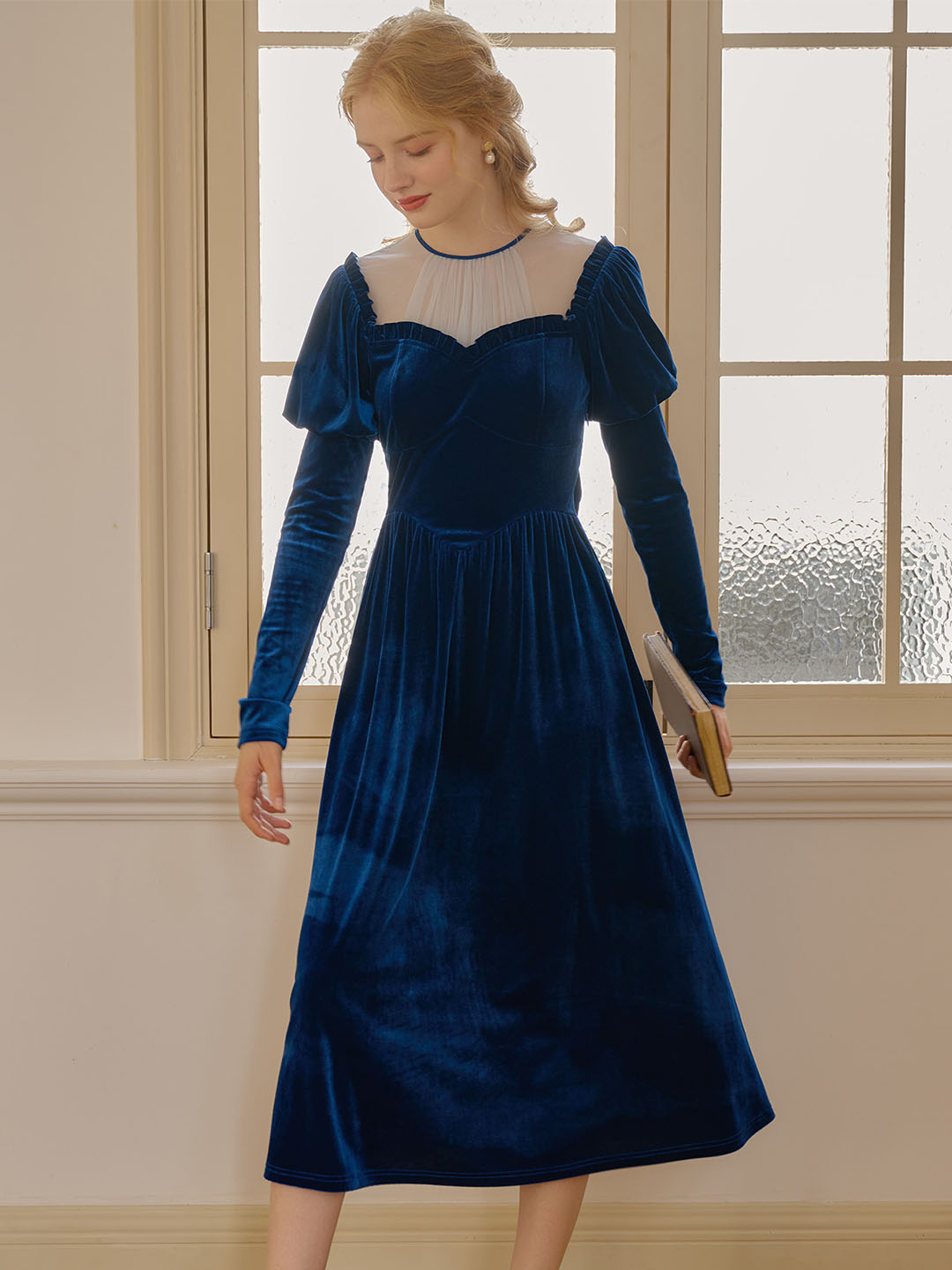 Final SaleJosie Contrast Mesh Gigot Sleeve Velvet Dress Final SaleJosie Contrast Mesh Gigot Sleeve Velvet Dress