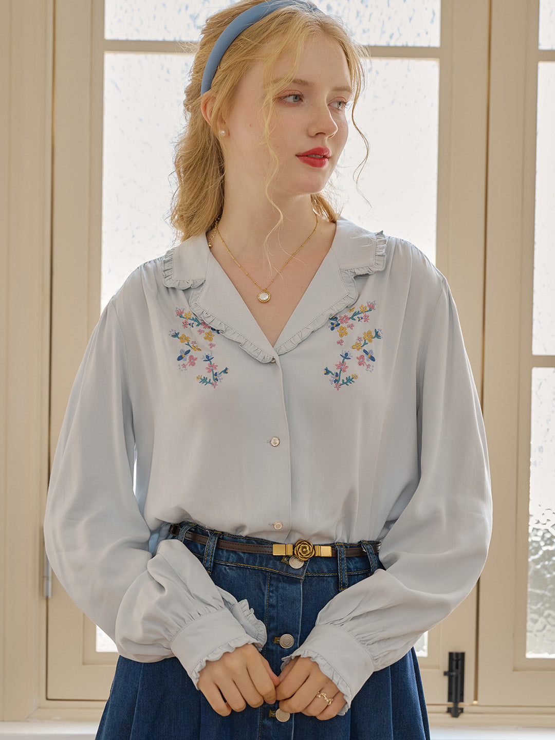 【Final Sale】Convallaria Floral Embroidered Light Yellow Puff Top