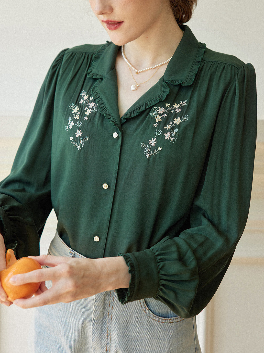 【Final Sale】Convallaria Floral Embroidered Light Blue Puff Top
