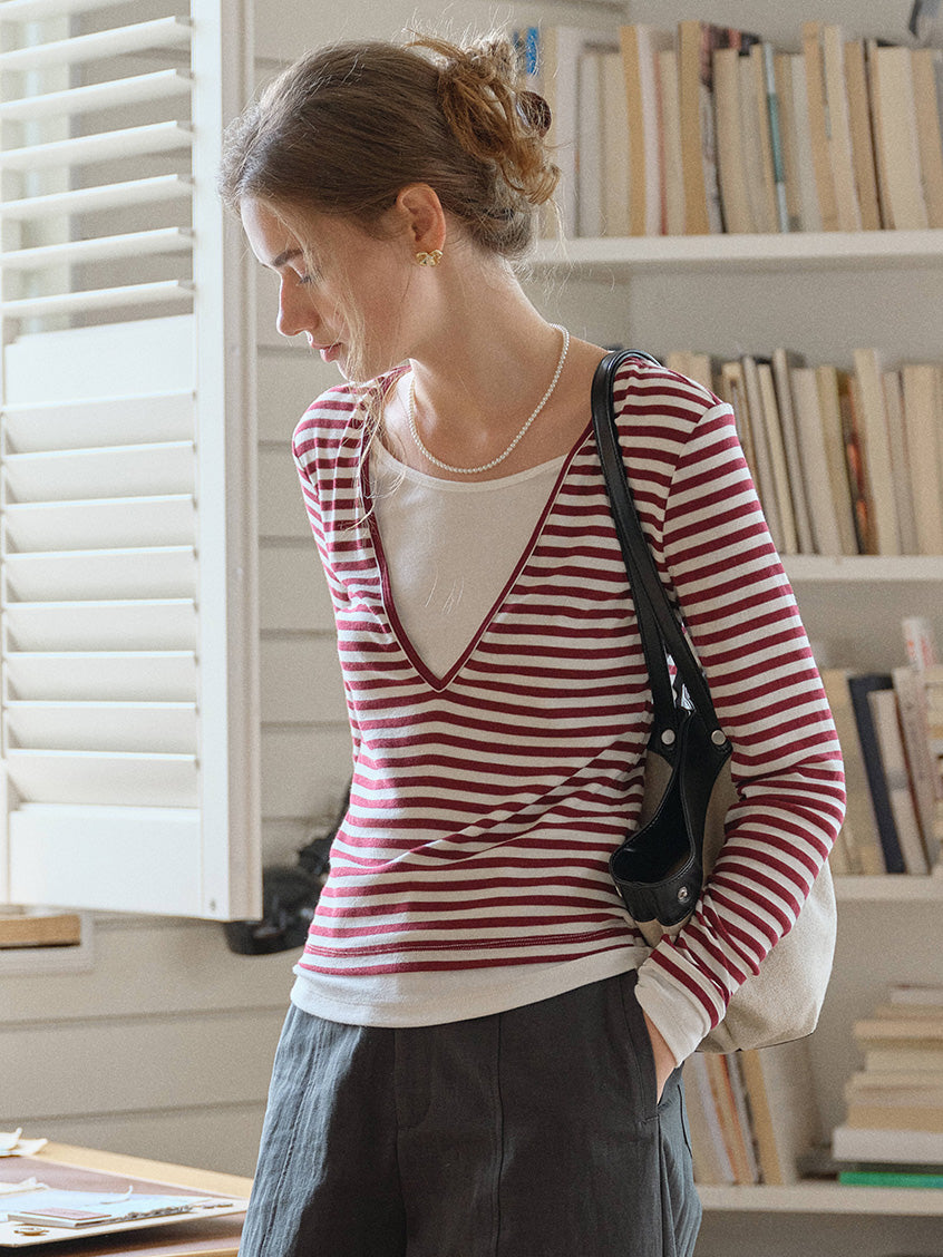 Amyra All-Purpose Cozy V-Neck Striped Layered Top