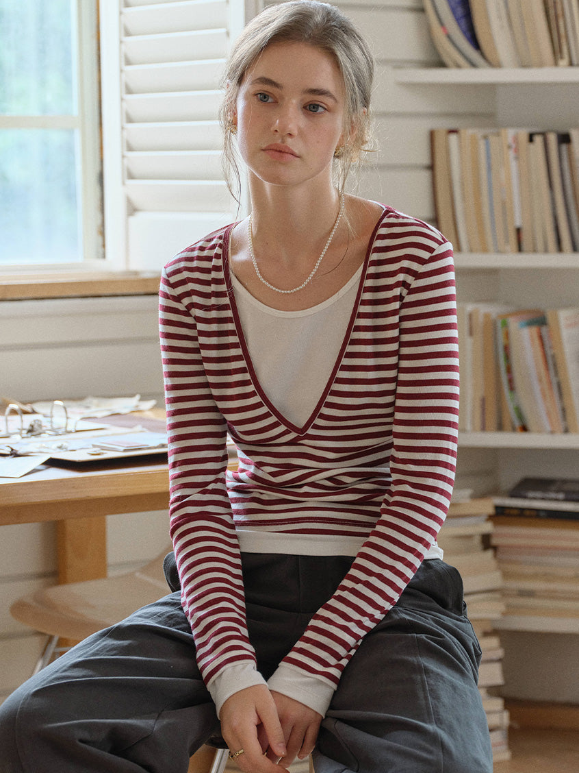 Amyra All-Purpose Cozy V-Neck Striped Layered Top