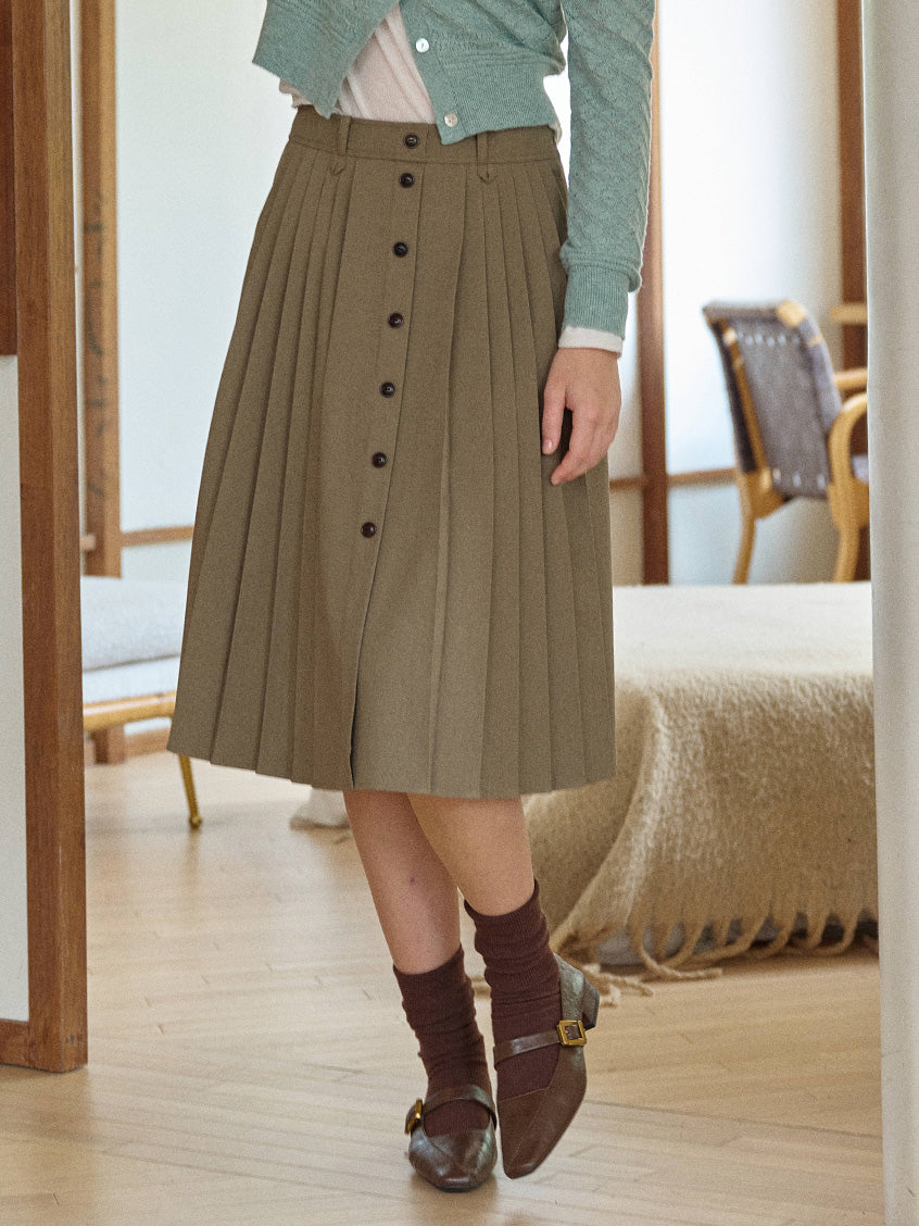 Clare High-Waist Button-Front Pleated A-Line Midi Skirt