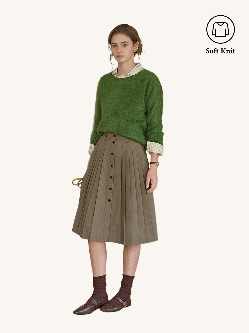 2Pcs Set Tru Cloud-Soft Wool Round Neck Sweater Grass Green & Clare High-Waist Button-Front Pleated A-Line Midi Skirt
