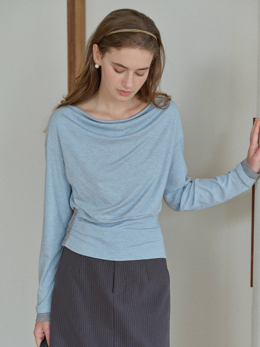 Indigo Cowl Neck Draped Flattering Top