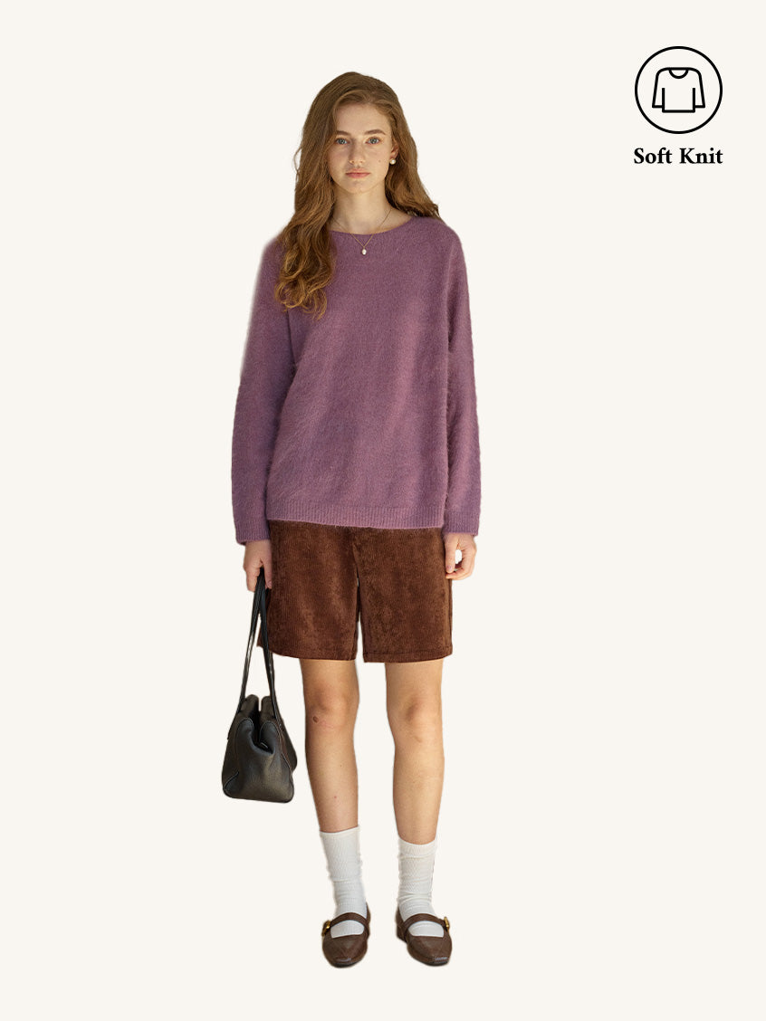 2Pcs Set Tru Cloud-Soft Wool Round Neck Sweater Taro Purple & Saanvi Classic All-Purpose Button Shorts