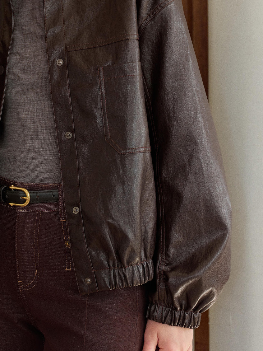 Whitney Faux Leather Stand Collar Bomber Jacket