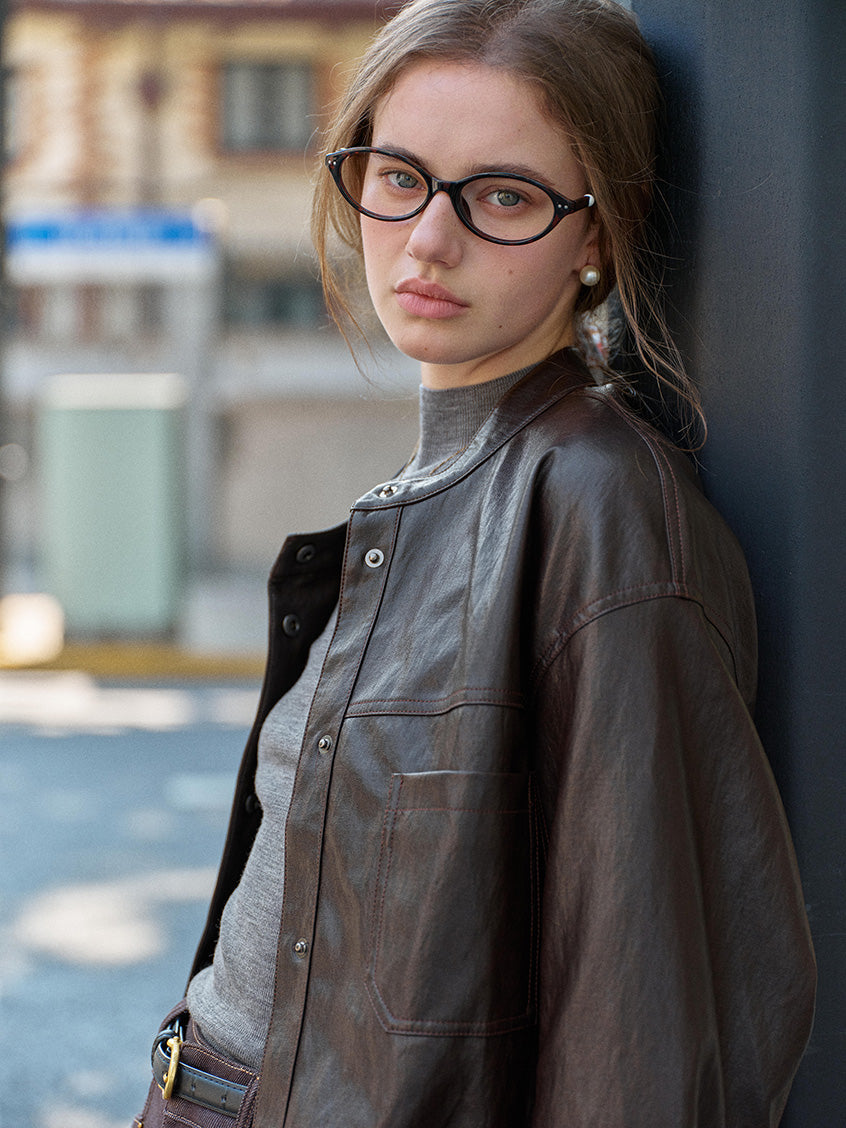 Whitney Faux Leather Stand Collar Bomber Jacket