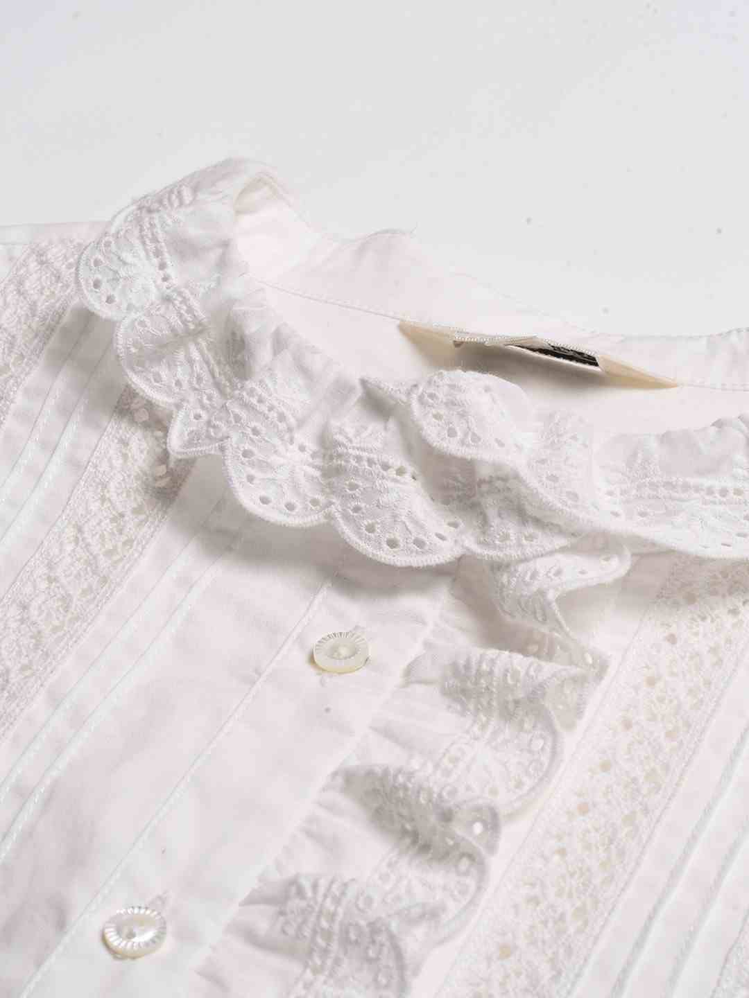 Journi Ruffle Collar Hollow 100% Cotton Blouse