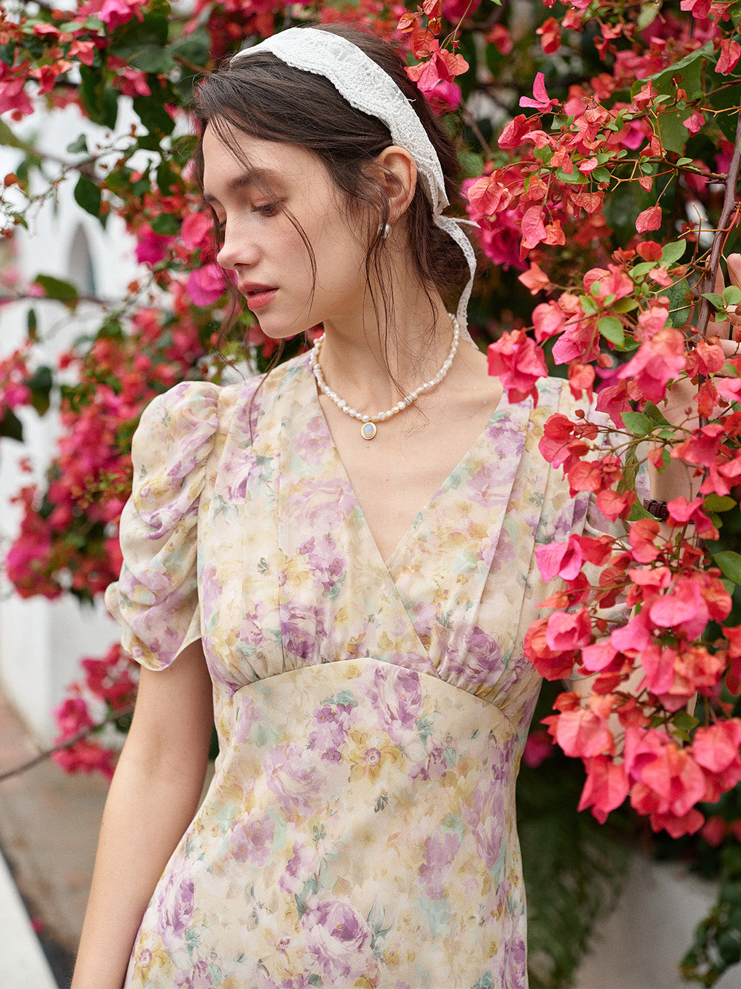 Natasha V-Neck Floral Ruched Sleeve Dress