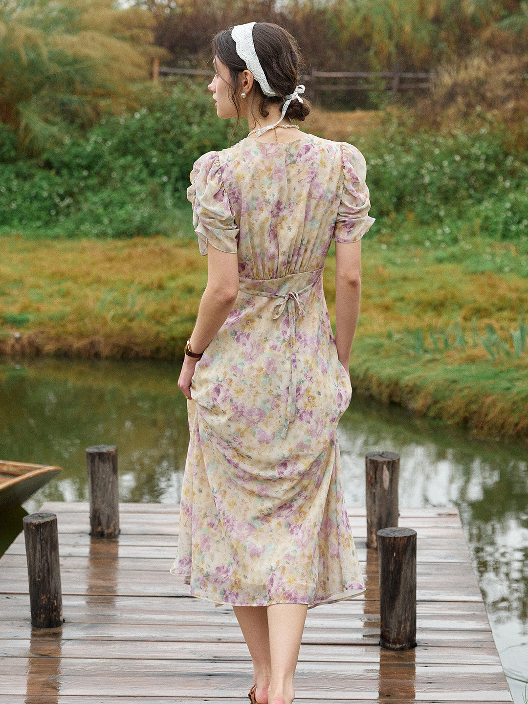 Natasha V-Neck Floral Ruched Sleeve Dress