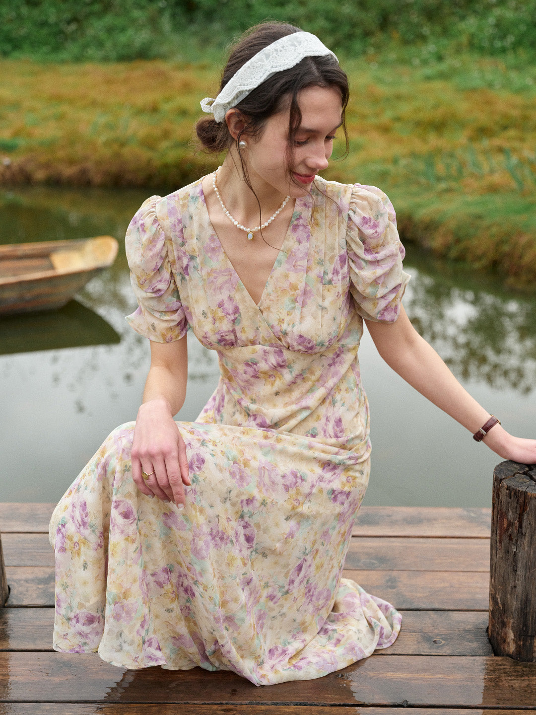 Natasha V-Neck Floral Ruched Sleeve Dress