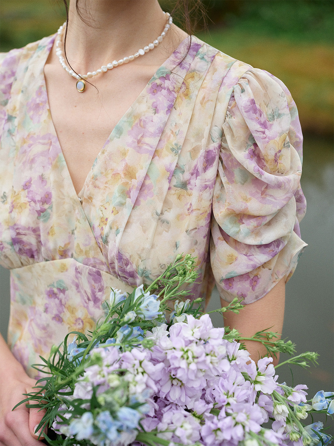 Natasha V-Neck Floral Ruched Sleeve Dress
