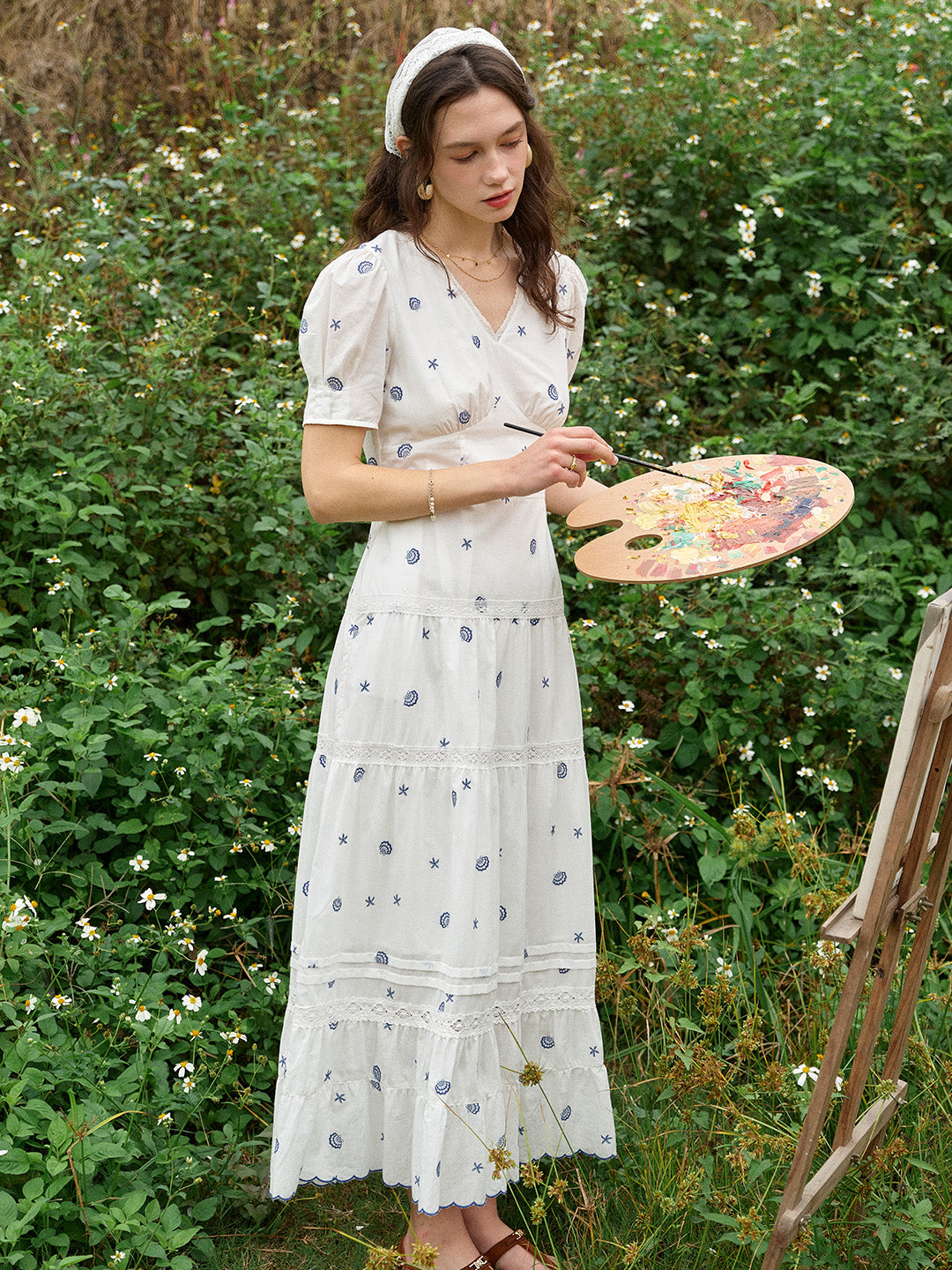 Clare Shell Embroidered Maxi Dress