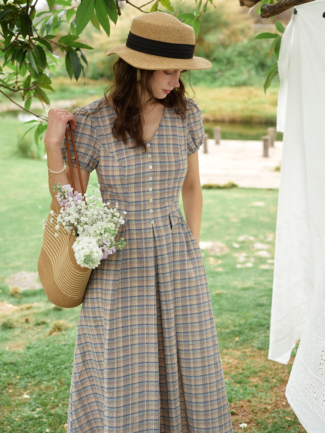 Nyra V-Neck Plaid 100% Cotton Dress