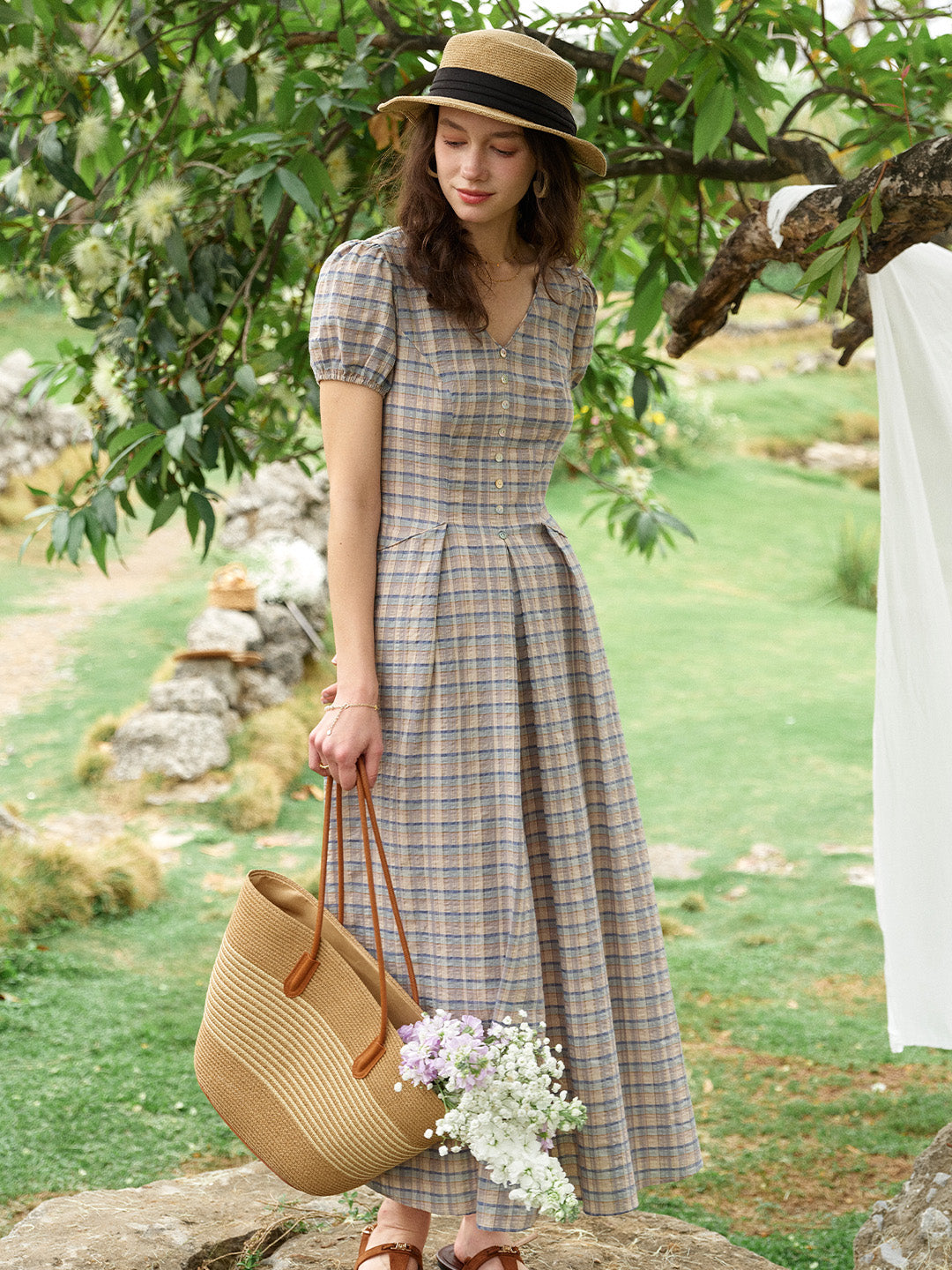 Nyra V-Neck Plaid 100% Cotton Dress