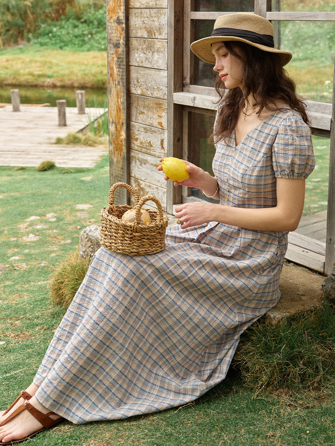 Nyra V-Neck Plaid 100% Cotton Dress