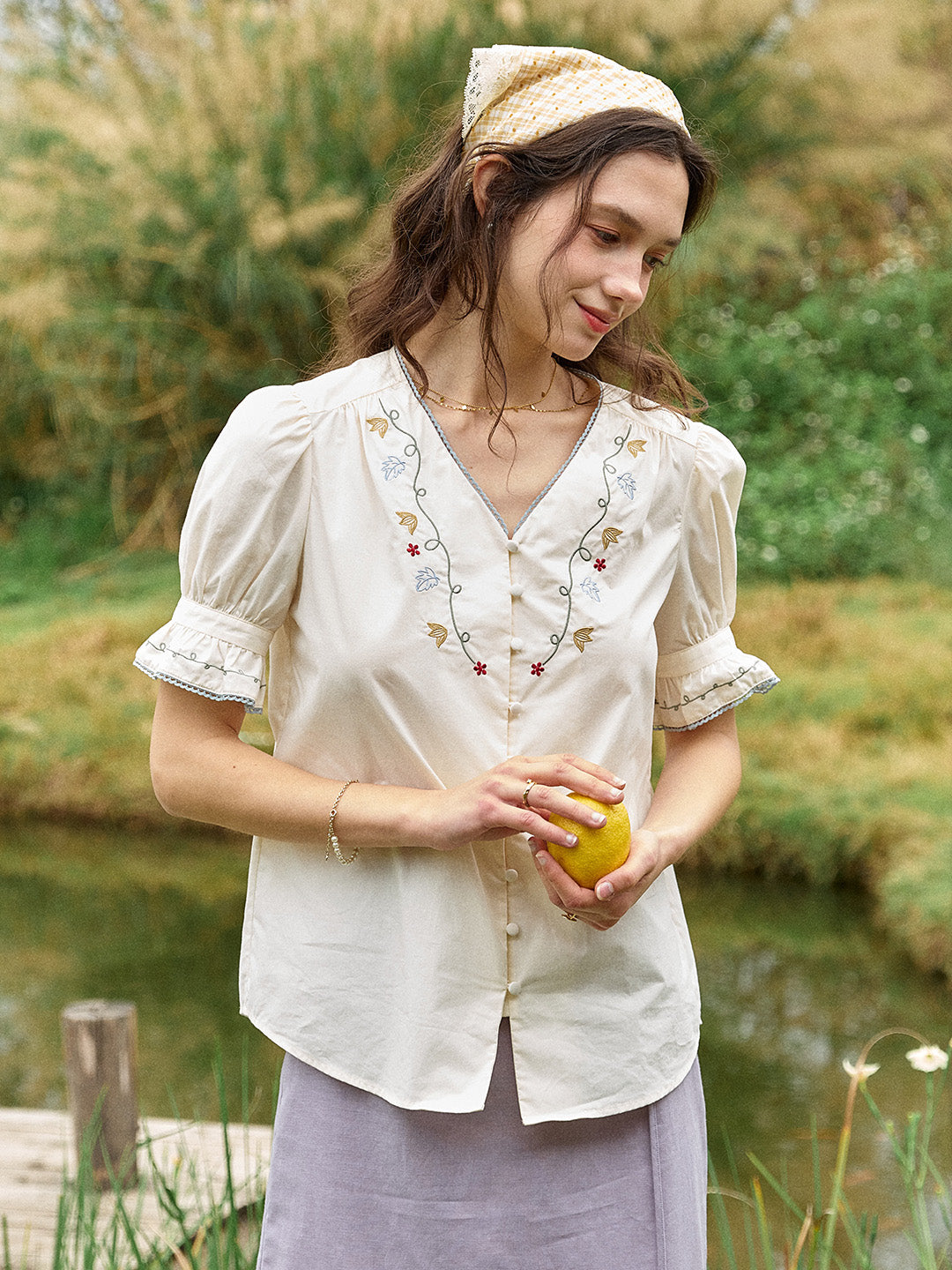 Violette V-Neck Flora Embroidered 100%Cotton Blouse