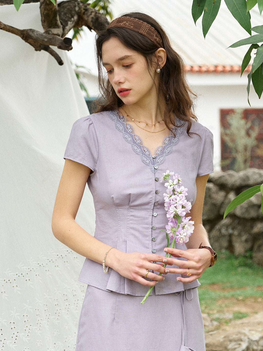 Kairi V-Neck Lace Trim Linen Cotton Blouse