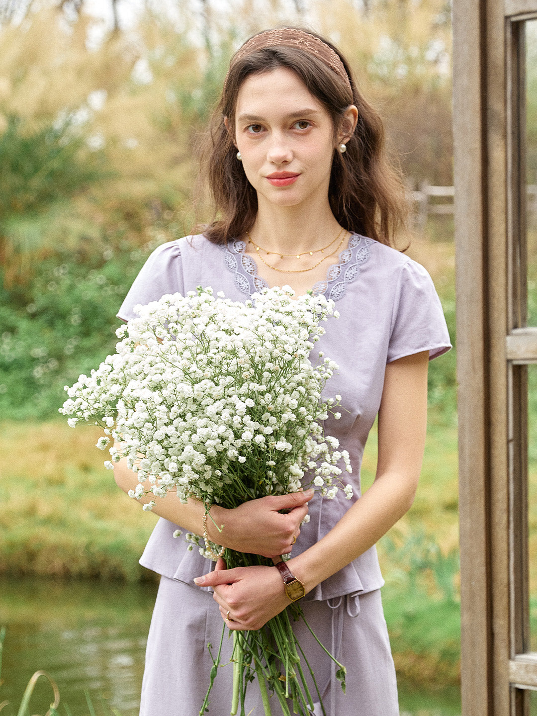 Kairi V-Neck Lace Trim Linen Cotton Blouse