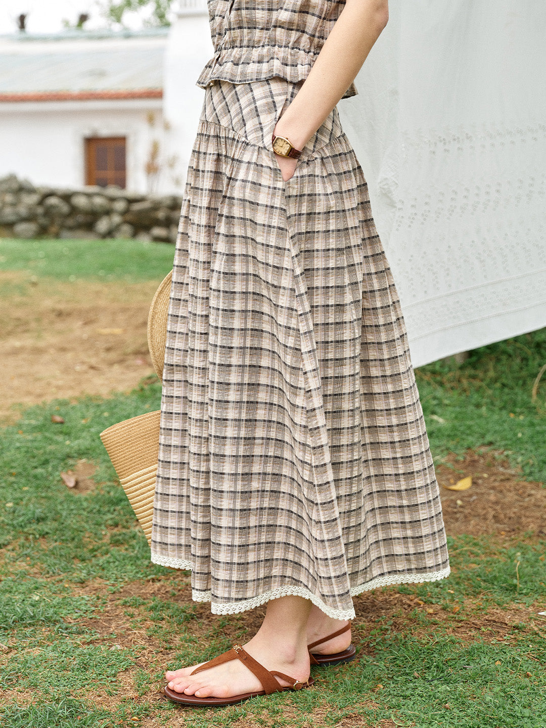 Alaiya Lace Trim Plaid 100% Cotton Skirt