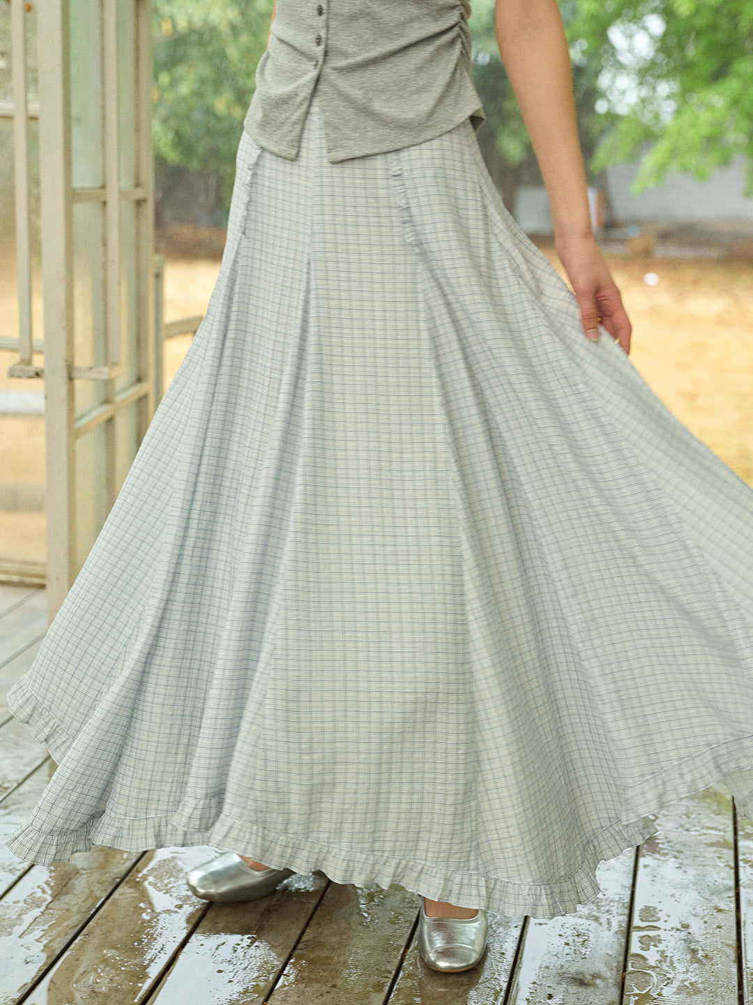 Aylani Ruffle Plaid Pleated Maxi Skirt