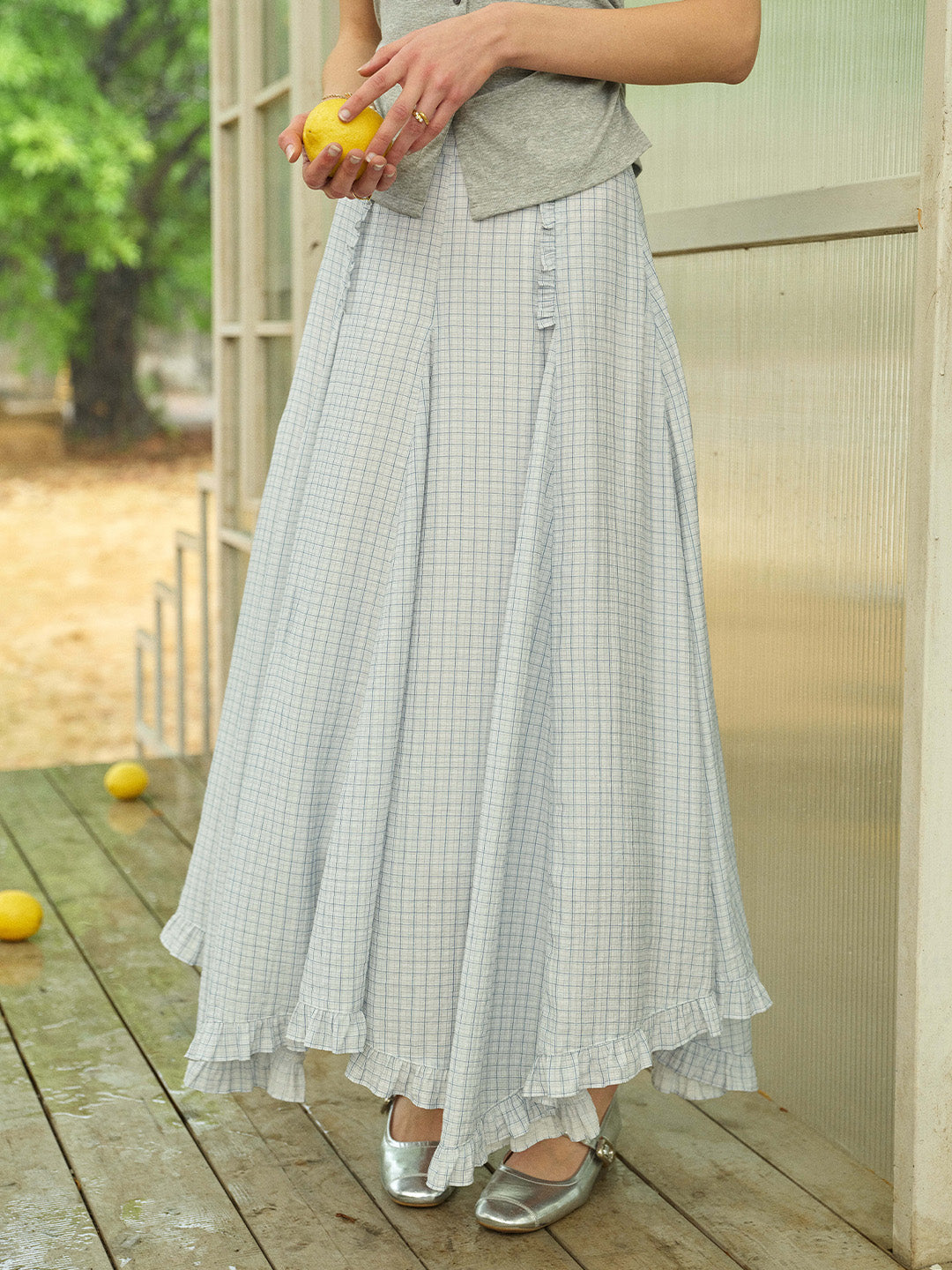 Aylani Ruffle Plaid Pleated Maxi Skirt