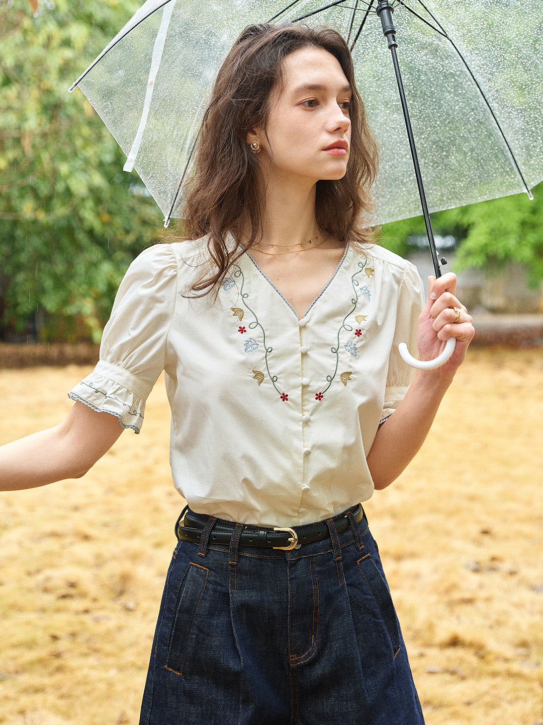 Violette V-Neck Flora Embroidered 100%Cotton Blouse