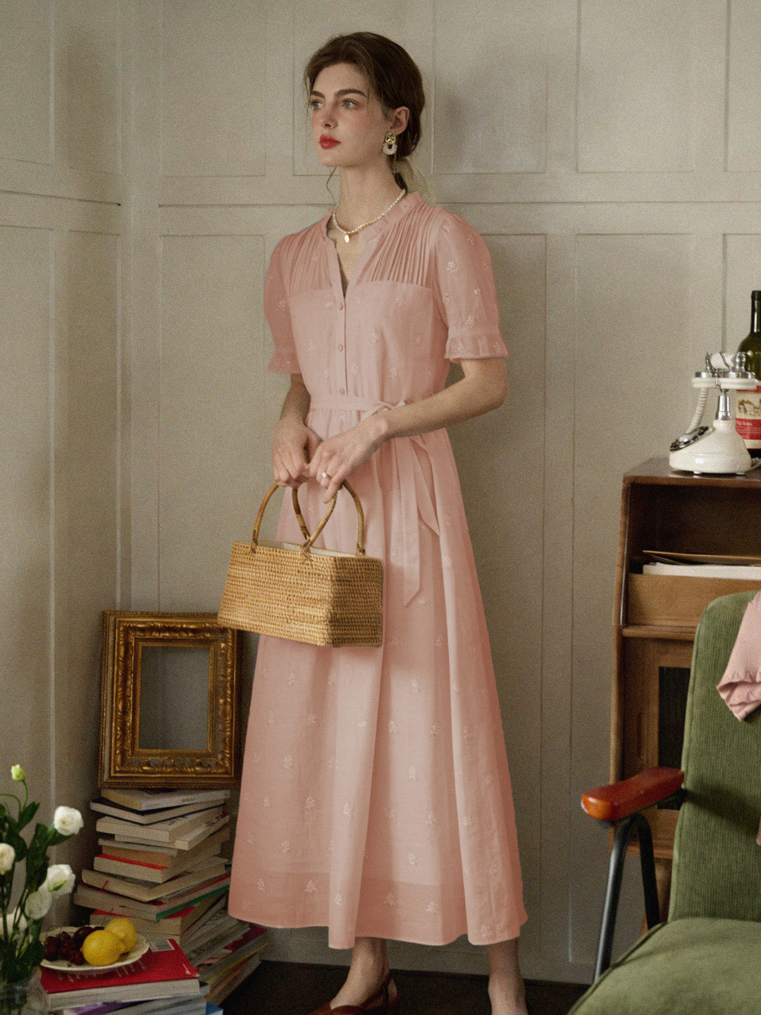 Aitana Rose Embroidered V-neck Puff Sleeve Lace Cotton Dress