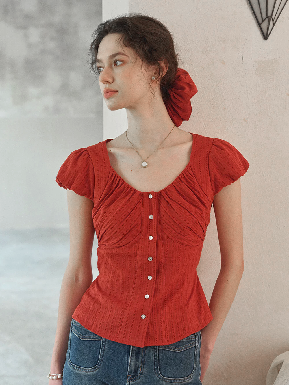 Lacey Round Neck Waist 100% Cotton Blouse