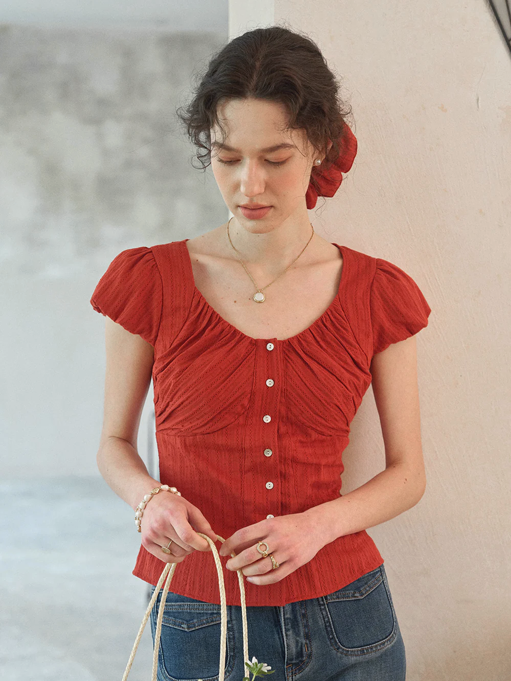 Lacey Round Neck Waist 100% Cotton Blouse
