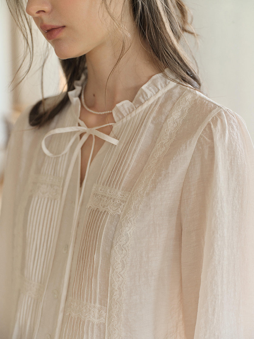 Cassia Pleated Ruffle Collar Lyocell Lace Blouse