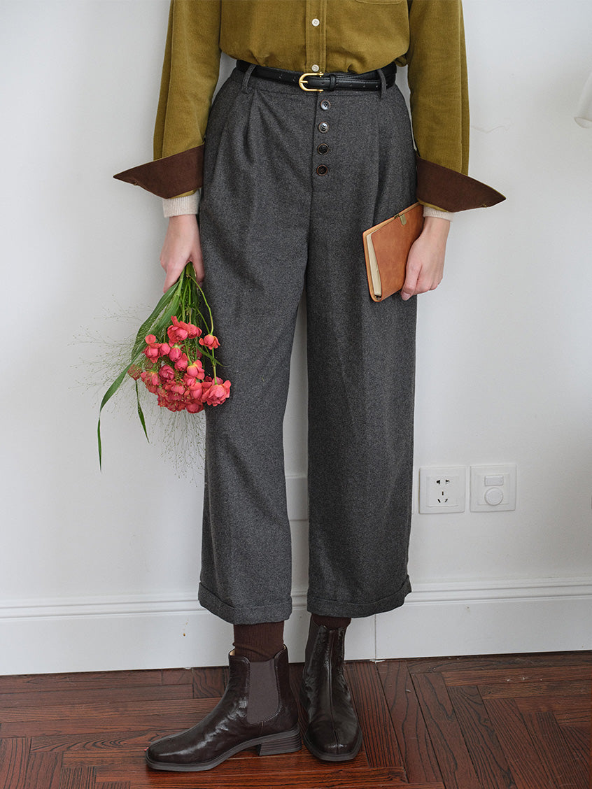 Anwen Wide-Leg Button-Front Wool-Blend Trousers