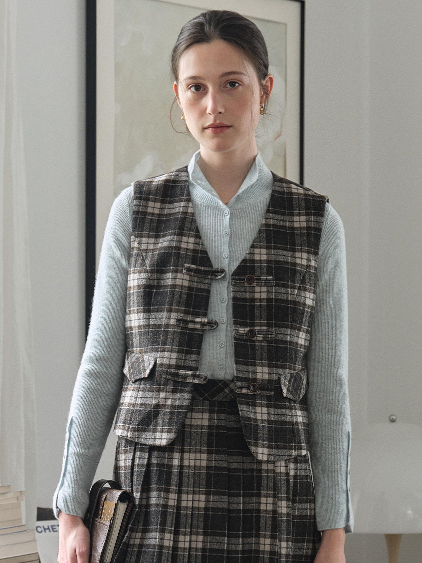 Zephyrine Double-Breasted Plaid Wool Vest
