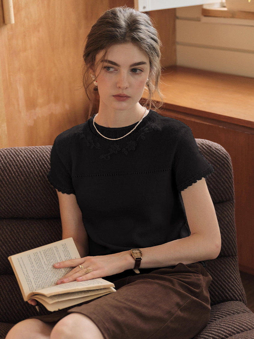 Ellianna Round Neck Lace Embroidery Knitwear