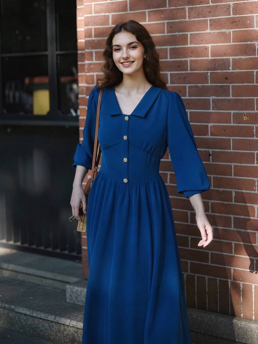 Stevie Turn-Down Collar Blue Dress