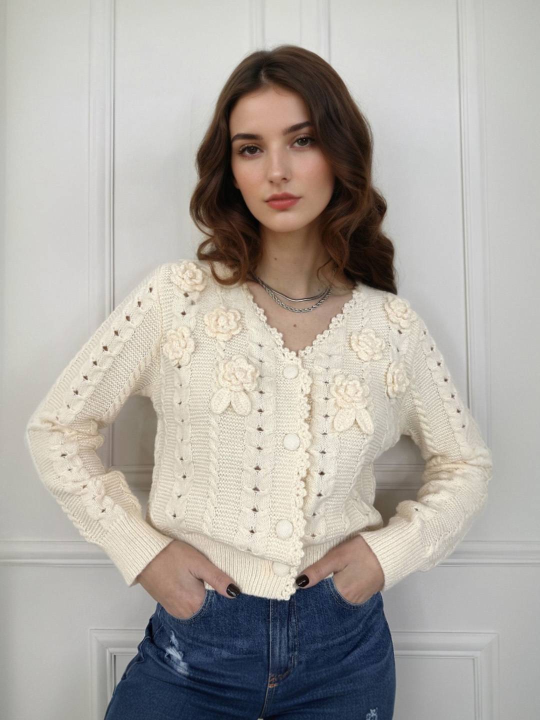 Alexandria V-Neck 3D Flower Crochet Sweater