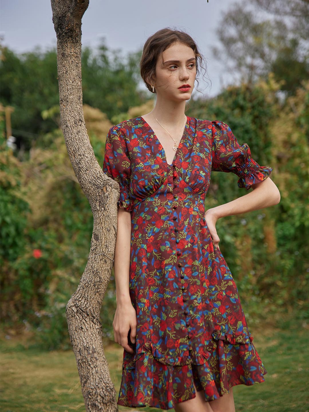 Kora Floral Printed Midi Dress/Simple Retro/1200039