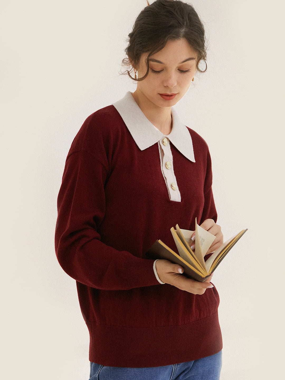 Selena Polo Contrast Collar 100% Wool Wine Red Knit Sweater/Simple Retro/11519