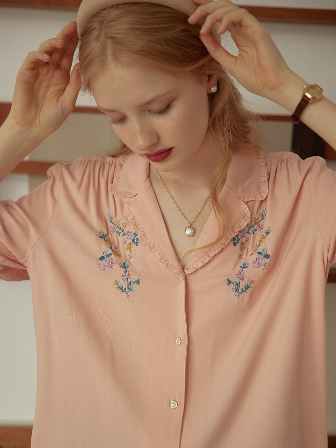 Alicia Floral Embroidery V-Neck Orange Blouse/SIMPLERETRO